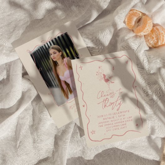 レトロピンク30応援から30フォト誕生日 招待状