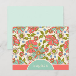 レトロピンク&アクアフローラカスタムフラットノートカード ノートカード