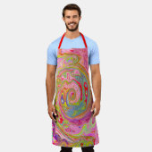 レトロピンク、イエロー、マゼンタの抽象芸術Groovy Art エプロン (着用した状態)