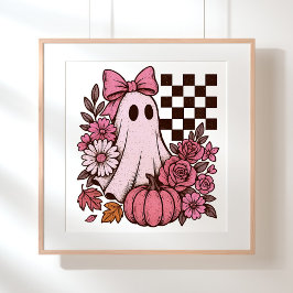 レトロピンク コケット ゴースト ガール リボン ハロウィン ポスター