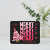 レトロピンク&ブラックタイポグラフィメリークリスマスツリー シーズンカード (スタンド正面)