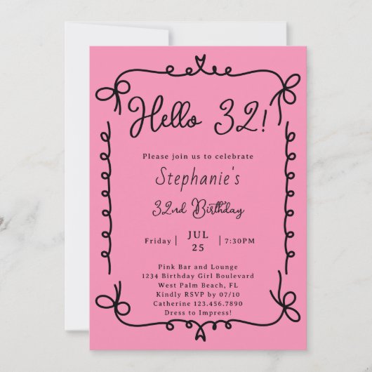 レトロピンク&ブラック手書き32nd誕生日パーティー 招待状 (正面)