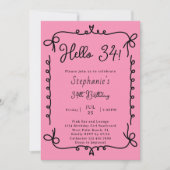 レトロピンク&ブラック手書き34thバースデーパーティー 招待状 (正面)