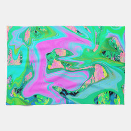 レトロピンク&ライトブルー紫陽花のリキッドアート キッチンタオル