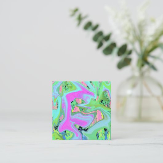 レトロピンク&ライトブルー紫陽花のリキッドアート スクエア名刺 (スタンド正面)