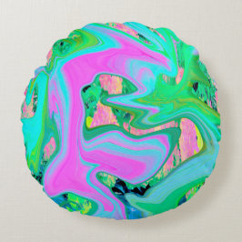 レトロピンク&ライトブルー紫陽花のリキッドアート ラウンドクッション