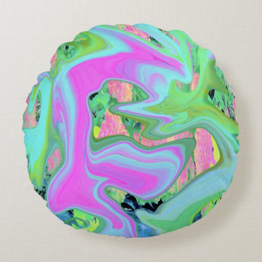 レトロピンク&ライトブルー紫陽花のリキッドアート ラウンドクッション (正面)