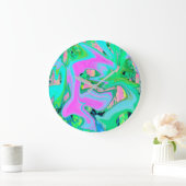 レトロピンク&ライトブルー紫陽花のリキッドアート ラージ壁時計 (ホーム)