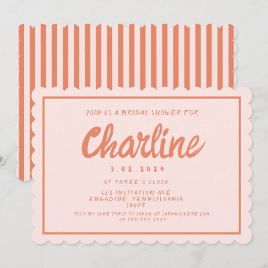 レトロピンク&レッド手書きブライダルシャワーInvitati 招待状 (正面/裏面)