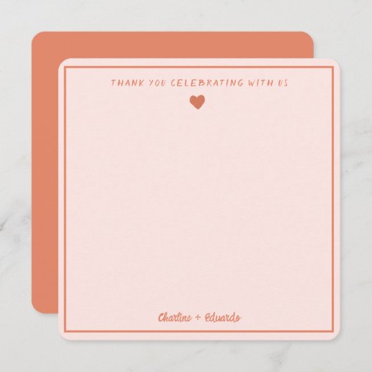 レトロピンク&レッド手書き結婚による感謝 サンキューカード (正面/裏面)