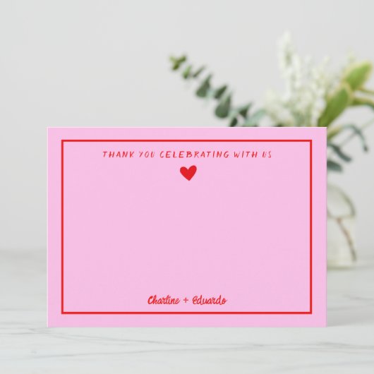 レトロピンク&レッド手書き結婚による感謝 サンキューカード (スタンド正面)