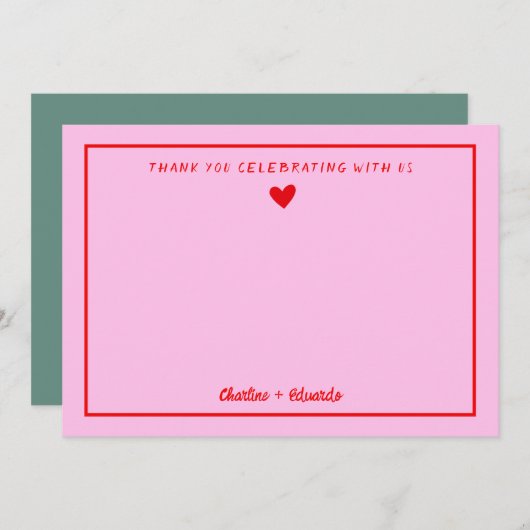 レトロピンク&レッド手書き結婚による感謝 サンキューカード (正面/裏面)