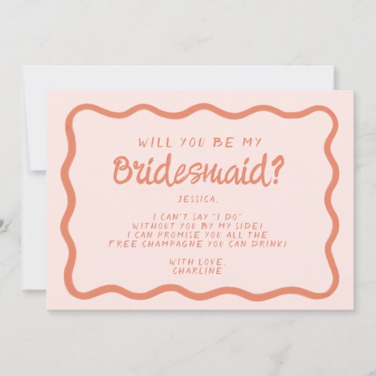 レトロピンク&赤の波状の花嫁の提案 招待状 (正面)