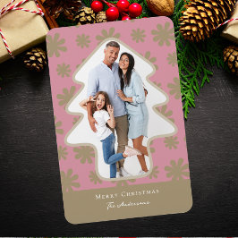 レトロピンク&金ゴールドフローラツリー形フォトホリデー マグネット