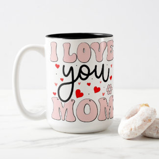 レトロピンク I Love You Mom 母の日 ハートグラフィック ツートーンマグカップ