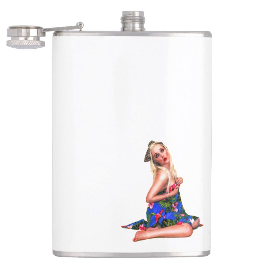 レトロピンナップトロピカルティキビーチガールホワイトお尻 フラスク (オープン)