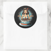 レトロピンナップ誕生日ウーマンアンドケーキ ラウンドシール (バッグ)