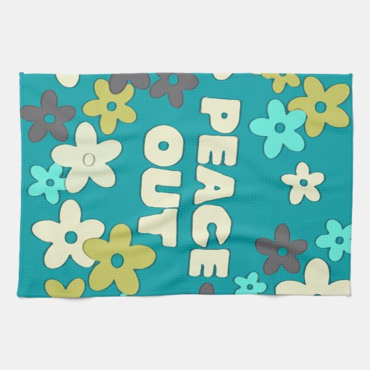 レトロピースアウト引用文ヒッピー花 キッチンタオル (横)