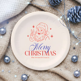 レトロピースサインサンタメリークリスマス ペーパープレート