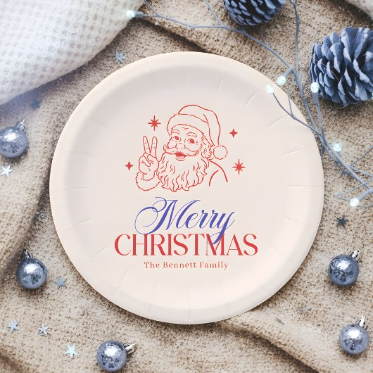 レトロピースサインサンタメリークリスマス ペーパープレート