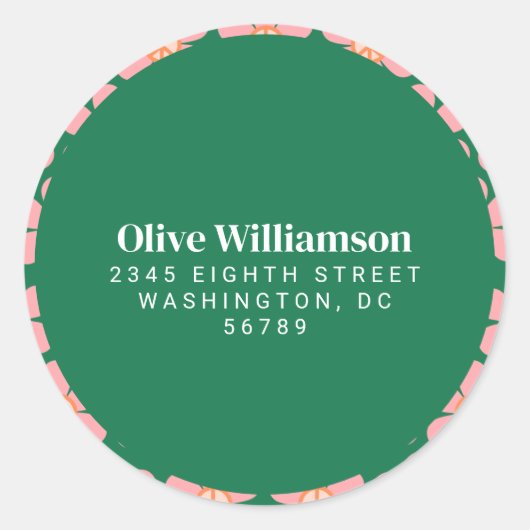 レトロピースサインフラワーグリーンピンク差出人住所 ラウンドシール (正面)