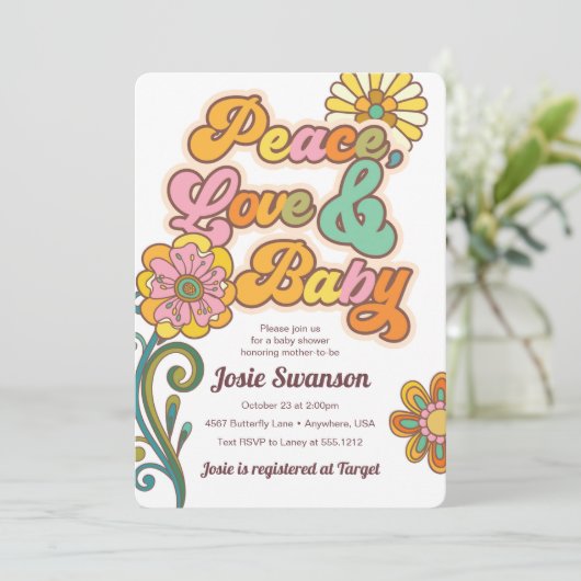 レトロピースラブベビーデイジーベビーシャワー招待状 招待状 (スタンド正面)