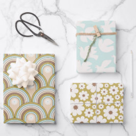 レトロピースレインボードーヴニュートラルおもしろいフローラ ラッピングペーパーシート