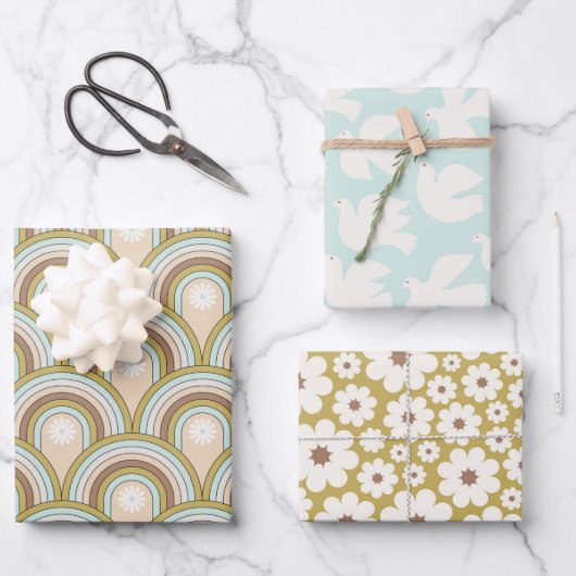 レトロピースレインボードーヴニュートラルおもしろいフローラ ラッピングペーパーシート (正面)