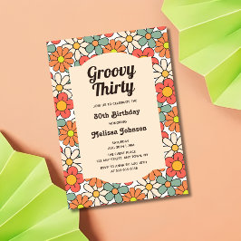 レトロピーチオレンジフローラGroovy 30th誕生日 招待状