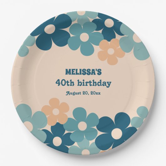 レトロピーチグリーンボホフラワー40歳の誕生日 ペーパープレート (正面)