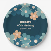 レトロピーチダークグリーンボホフラワー40歳の誕生日 ペーパープレート (正面)