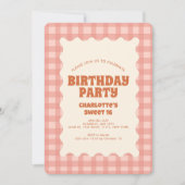 レトロピーチ市松模様にースウィート16バースデーパーティー 招待状 (正面)