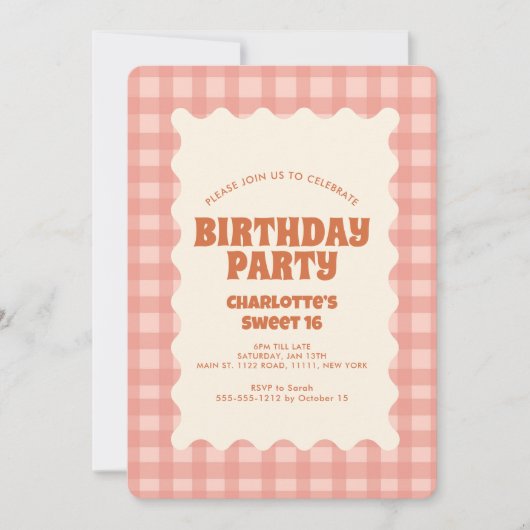 レトロピーチ市松模様にースウィート16バースデーパーティー 招待状 (正面)