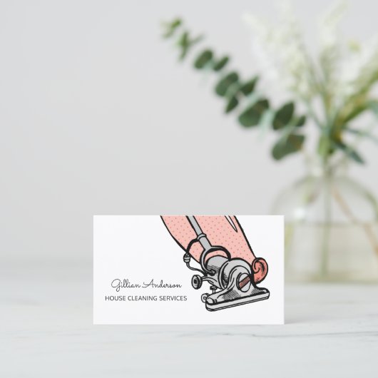 レトロピーチ掃除機ハウス清掃サービス 名刺 (スタンド正面)