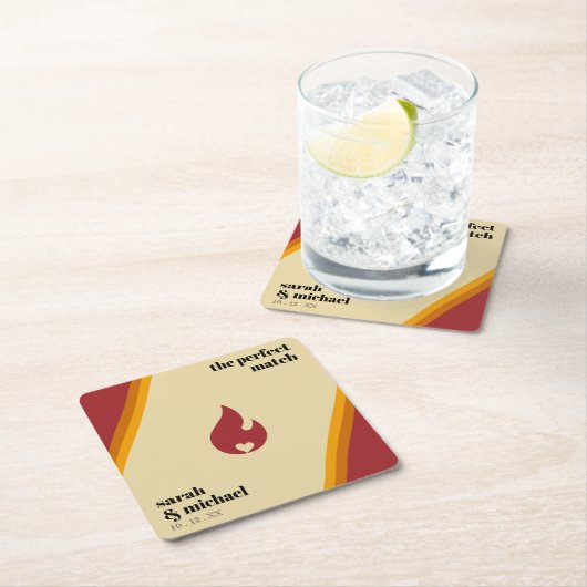 レトロファイアストライプのハート完璧なマッチ結婚ズ スクエアペーパーコースター (インサイチュ)