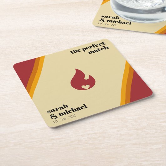 レトロファイアストライプのハート完璧なマッチ結婚ズ スクエアペーパーコースター (アングル)