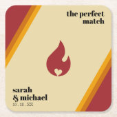 レトロファイアストライプのハート完璧なマッチ結婚ズ スクエアペーパーコースター (正面)
