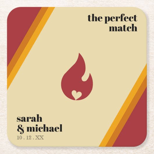 レトロファイアストライプのハート完璧なマッチ結婚ズ スクエアペーパーコースター (正面)