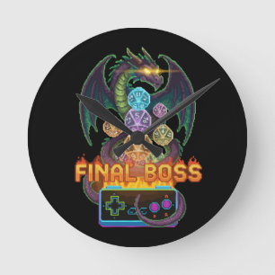 レトロファイナルボスドラゴン&ダイス ゲーマー TTRPG ピクセル ラウンド壁時計