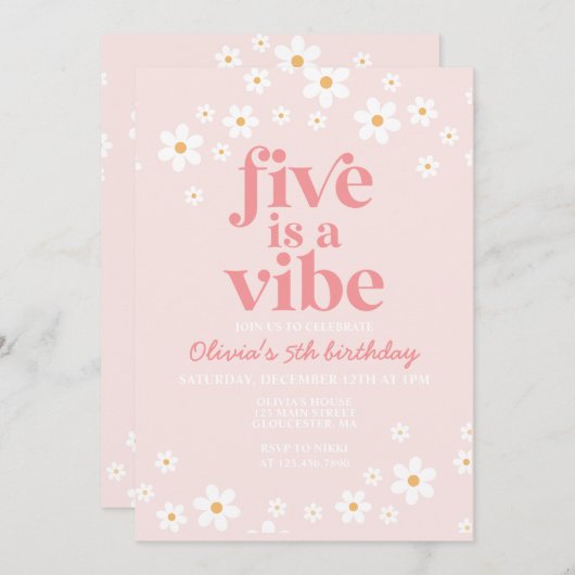 レトロファイブはヴィベデイジー5番目の誕生日招待状 招待状 (正面/裏面)