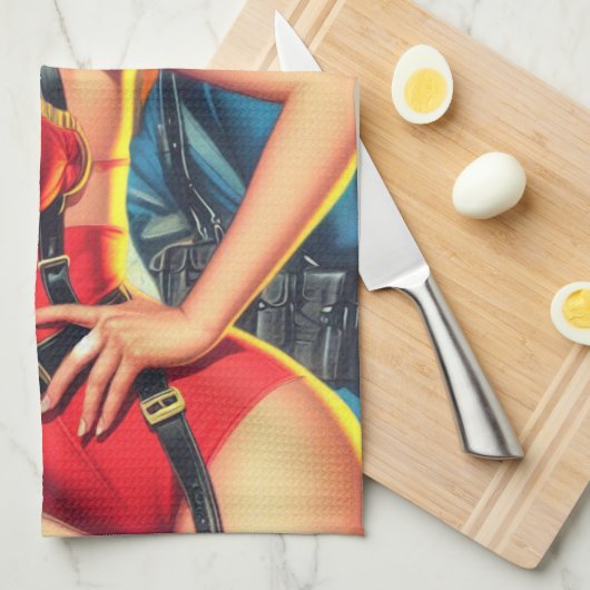 レトロファイヤーファイターガール キッチンタオル (四つ折り)