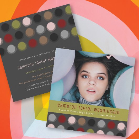 レトロファジーカラフルドット写真卒業パーティー 招待状