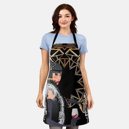 レトロファッションのワインのグラスを持つ女性 エプロン (着用した状態)