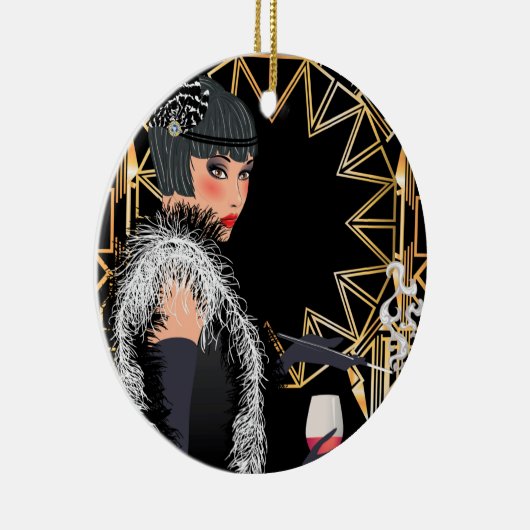 レトロファッションのワインのグラスを持つ女性 セラミックオーナメント (右)