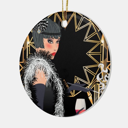 レトロファッションのワインのグラスを持つ女性 セラミックオーナメント (左)