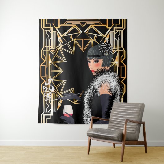 レトロファッションのワインのグラスを持つ女性 タペストリー (インサイチュ)