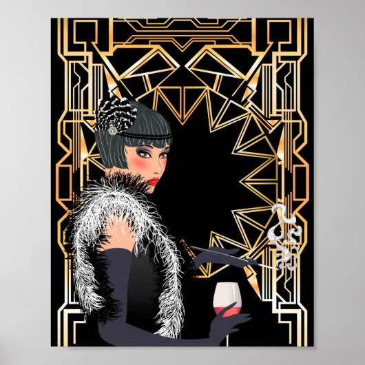 レトロファッションのワインのグラスを持つ女性 ポスター (正面)