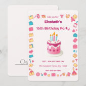 レトロファッションアイコンとカラフルお誕生日ケーキ 招待状 (正面/裏面)