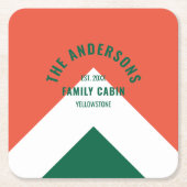 レトロファミリーキャビパーソナライズされたン名レッドグリーン スクエアペーパーコースター (正面)