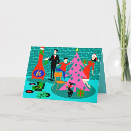 レトロファミリー – クリスマスツリーカードを飾る シーズンカード (正面)